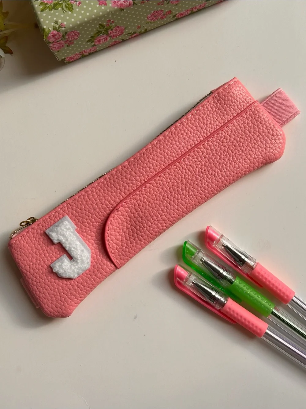 Pencil Case in Pink Faux Leather with White Chenille Varsity Monogrammed